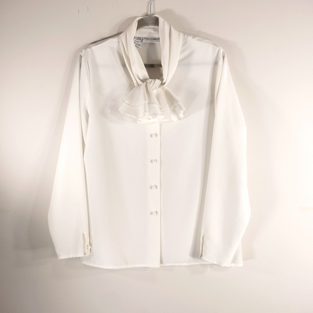 JH Collectibles Vintage Blouse; Ruffle Tie Neck Long Sleeve Button Up